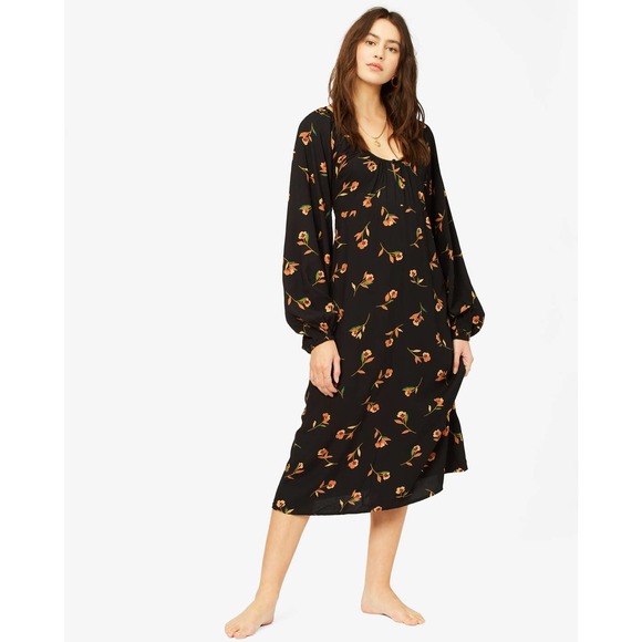 Billabong Black Floral Sweet to Me Long Sleeve Midi Dress NWT Size XS - Picture 1 of 10